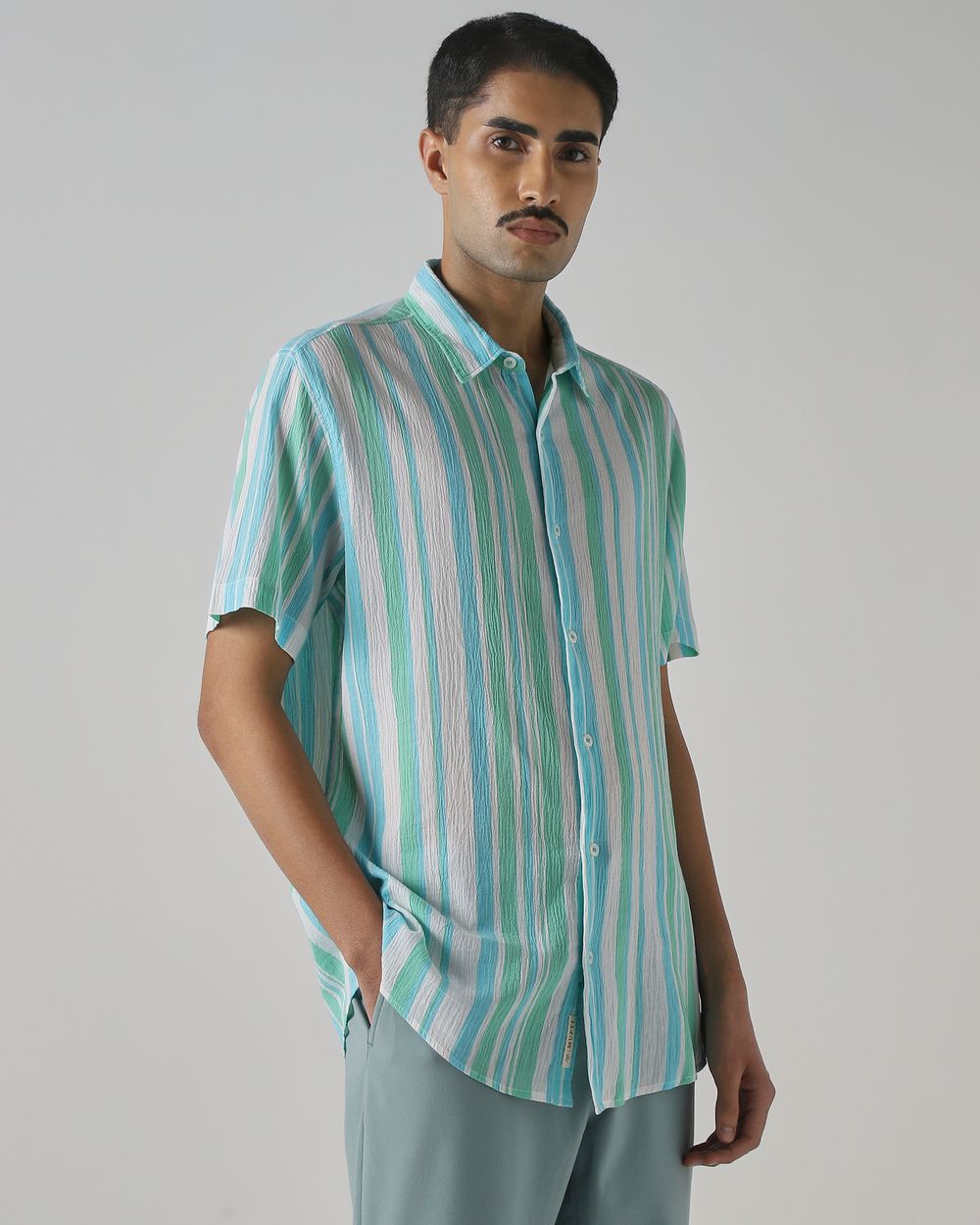 Green Textured Stripe Slim Fit Casual Shirt