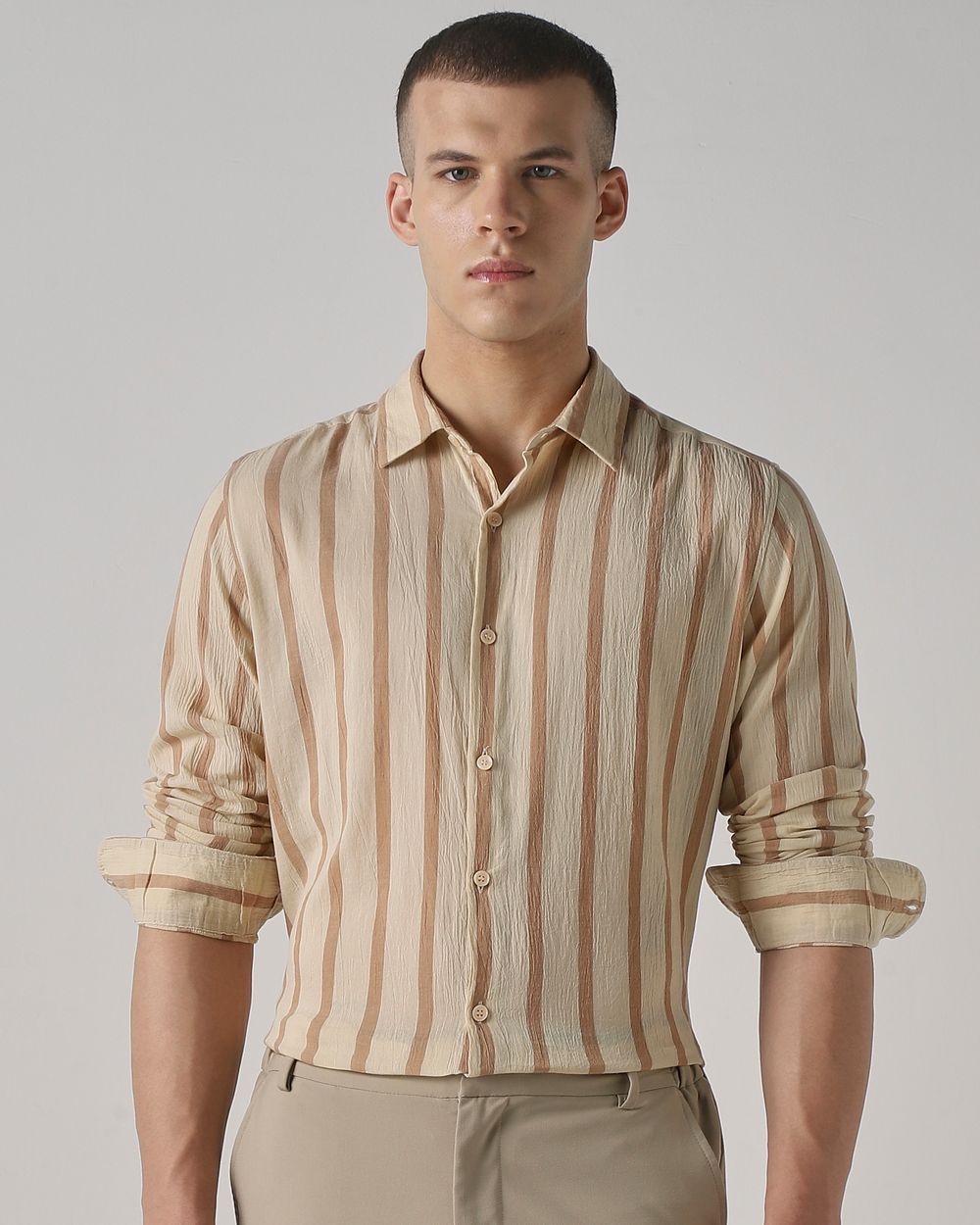 Beige Textured Stripe Slim Fit Casual Shirt