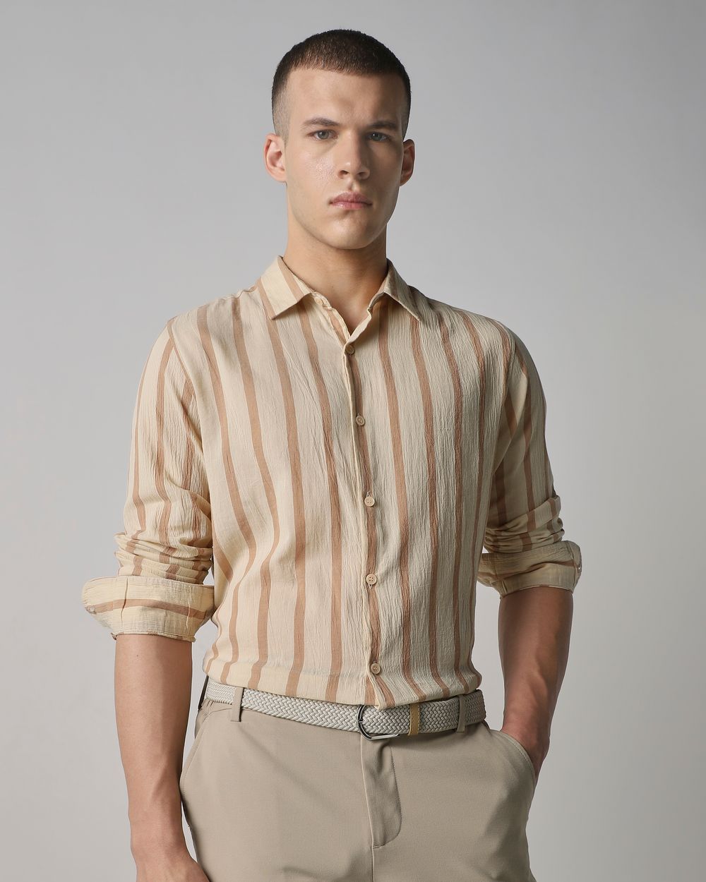 Beige Textured Stripe Slim Fit Casual Shirt