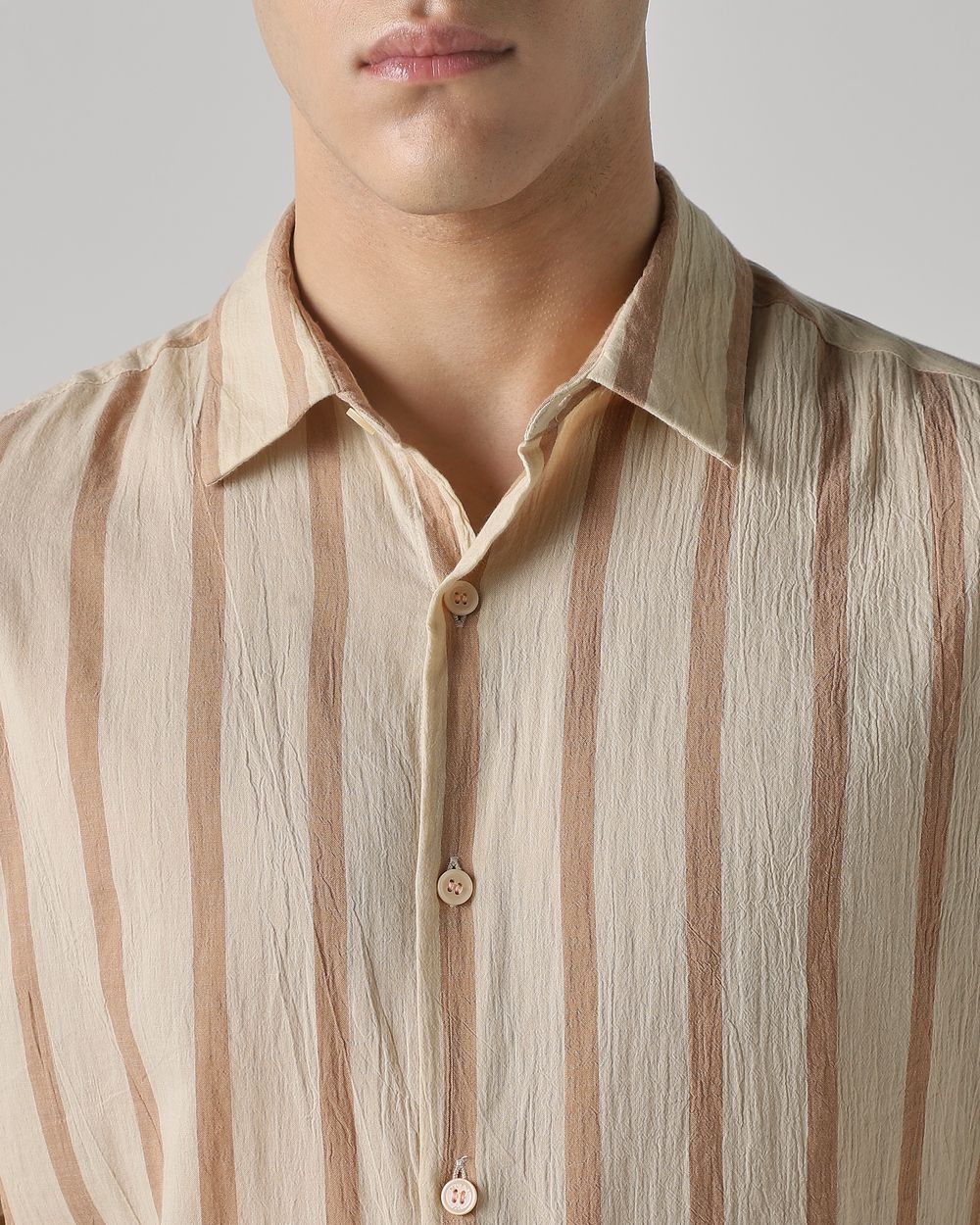 Beige Textured Stripe Slim Fit Casual Shirt