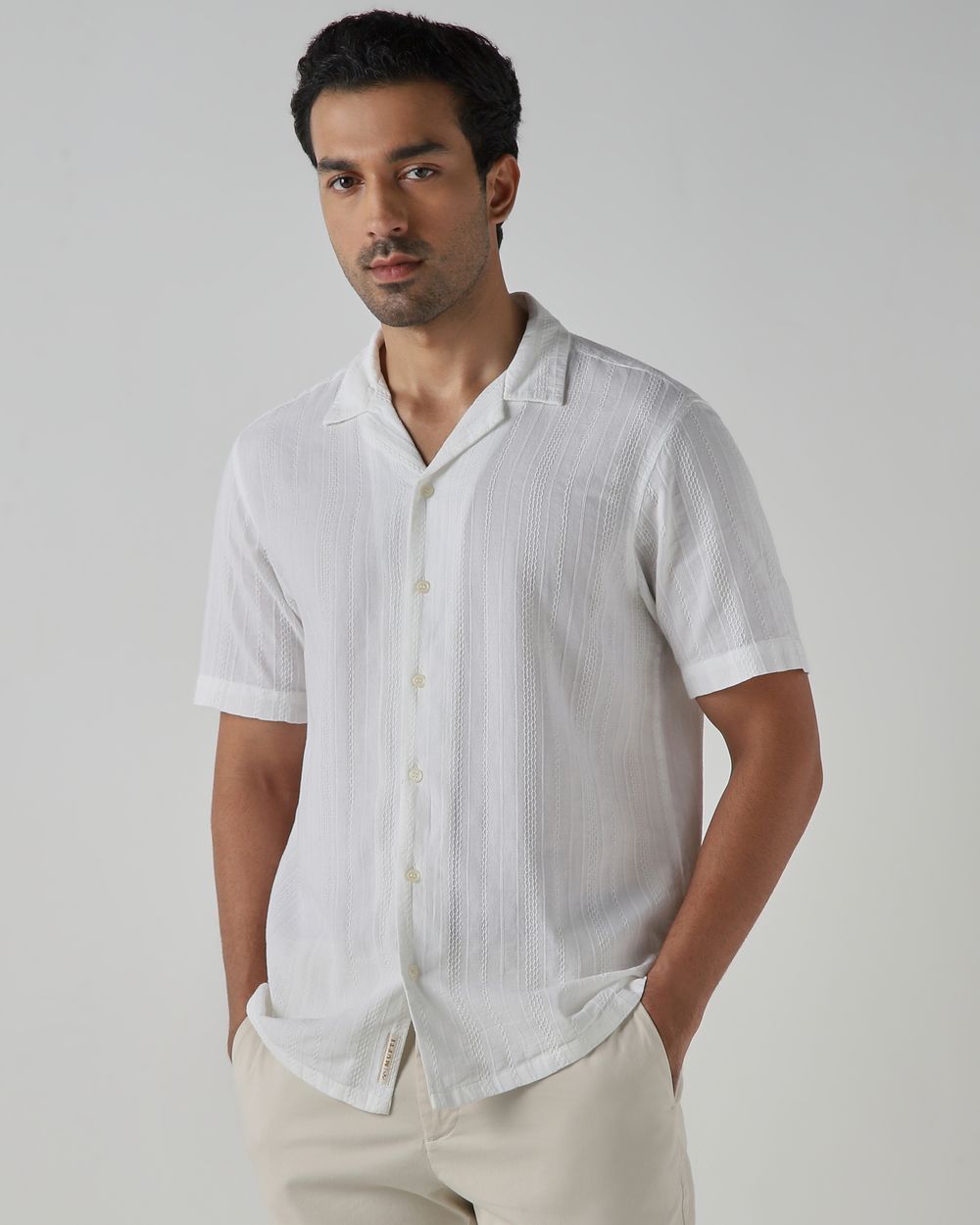 White Textured Plain Relaxed Fit Casual Shirt