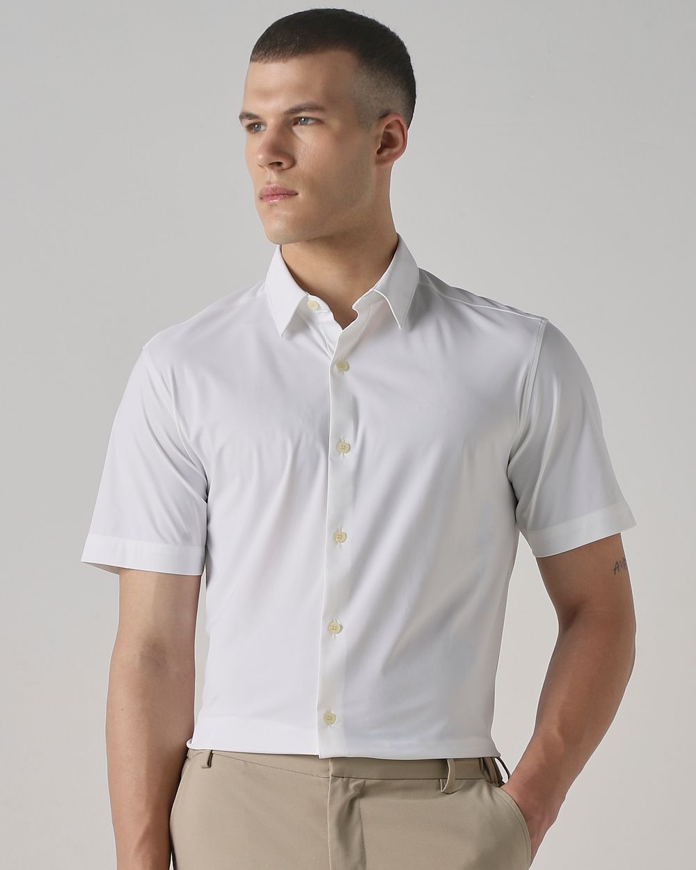 White Scuba Stretch Plain Slim Fit Casual Shirt