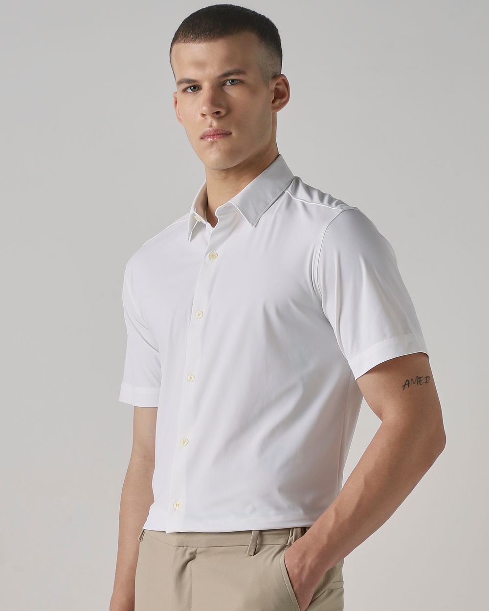 White Scuba Stretch Plain Slim Fit Casual Shirt