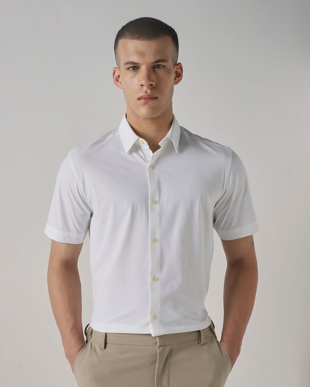 White Scuba Stretch Plain Slim Fit Casual Shirt
