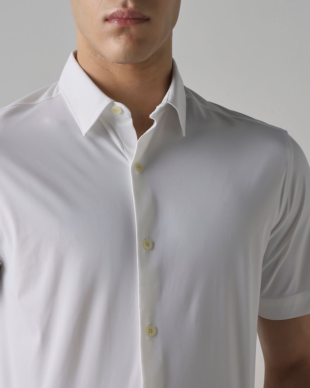 White Scuba Stretch Plain Slim Fit Casual Shirt
