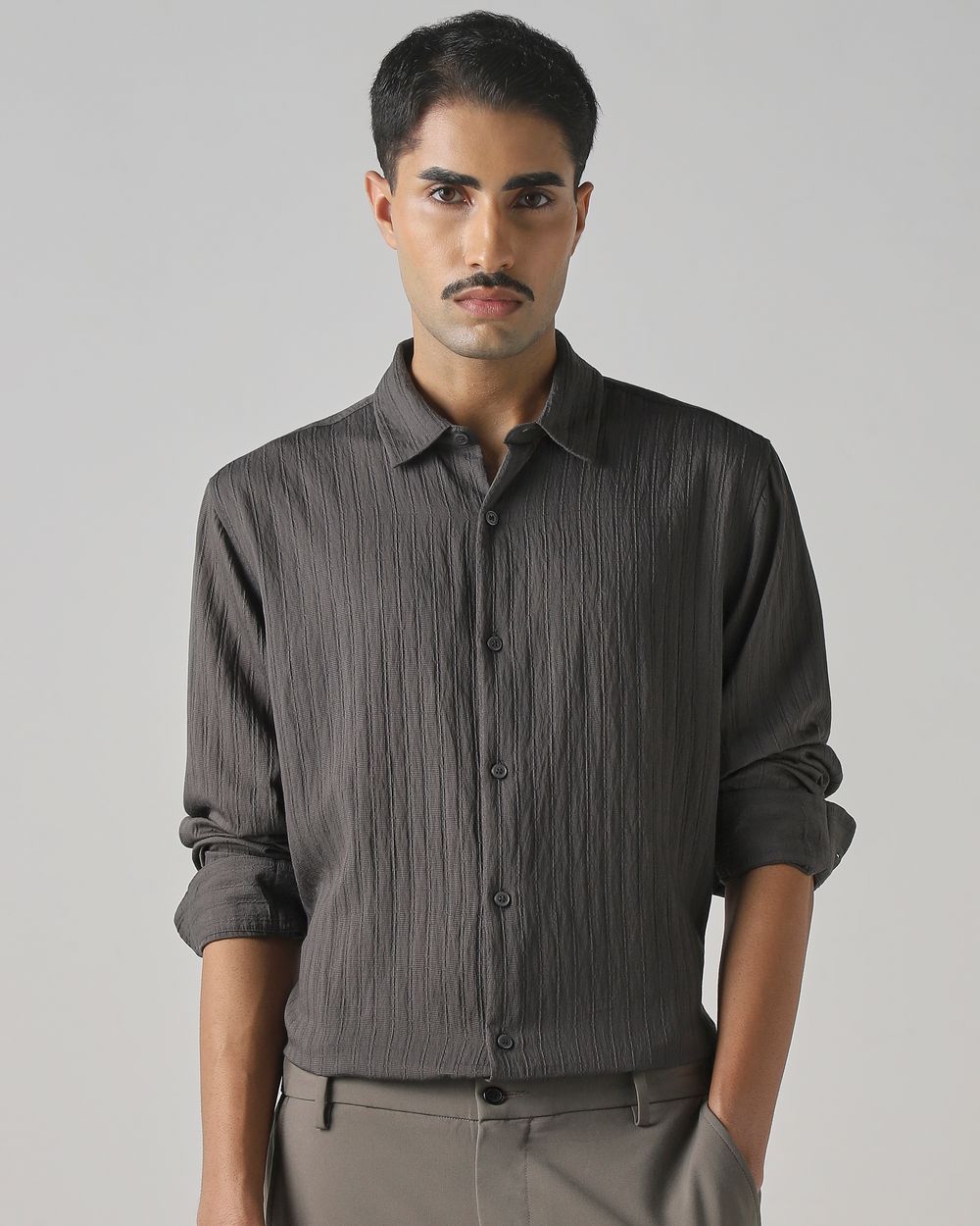 Grey Textured Plain Slim Fit Casual Shirt