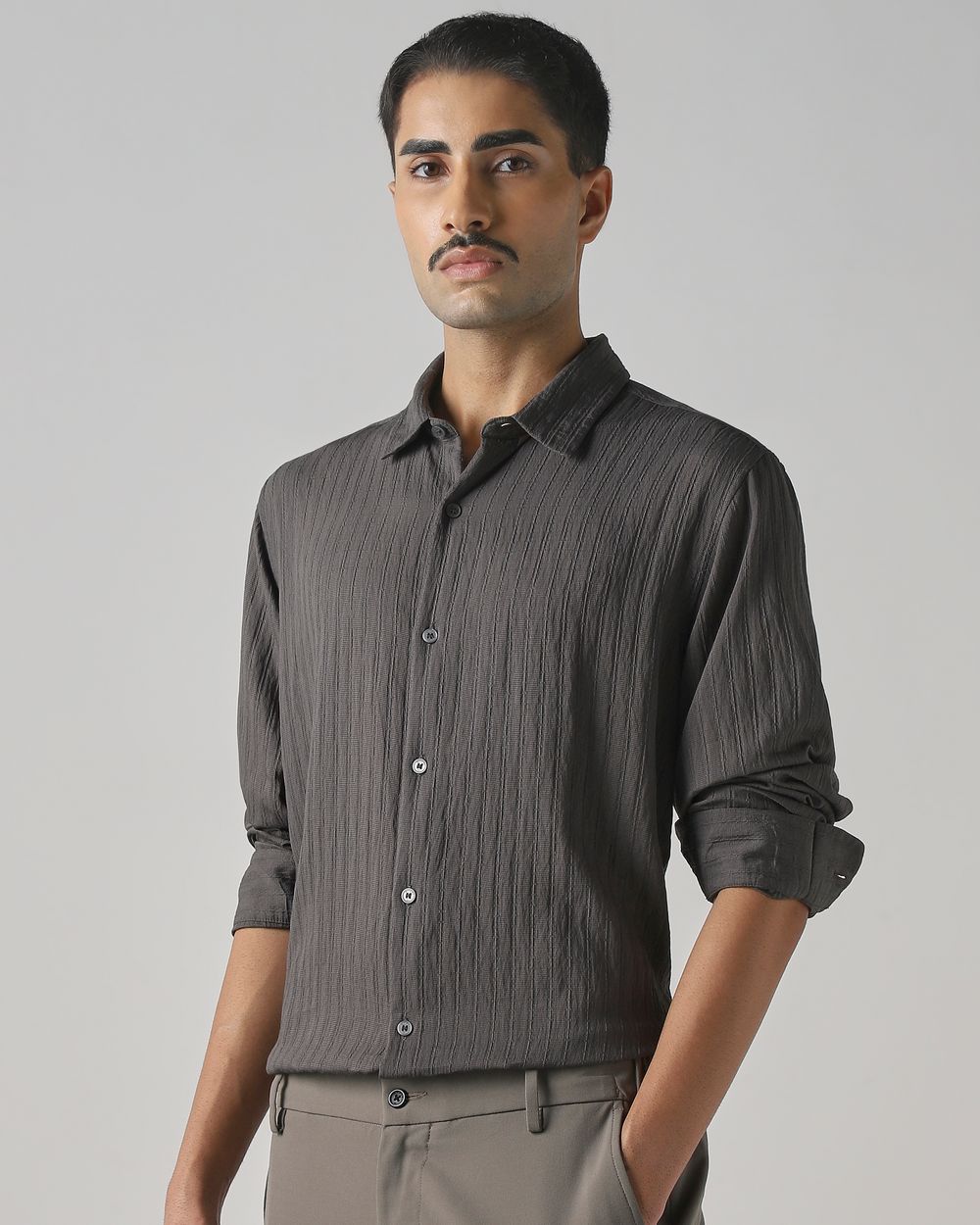 Grey Textured Plain Slim Fit Casual Shirt
