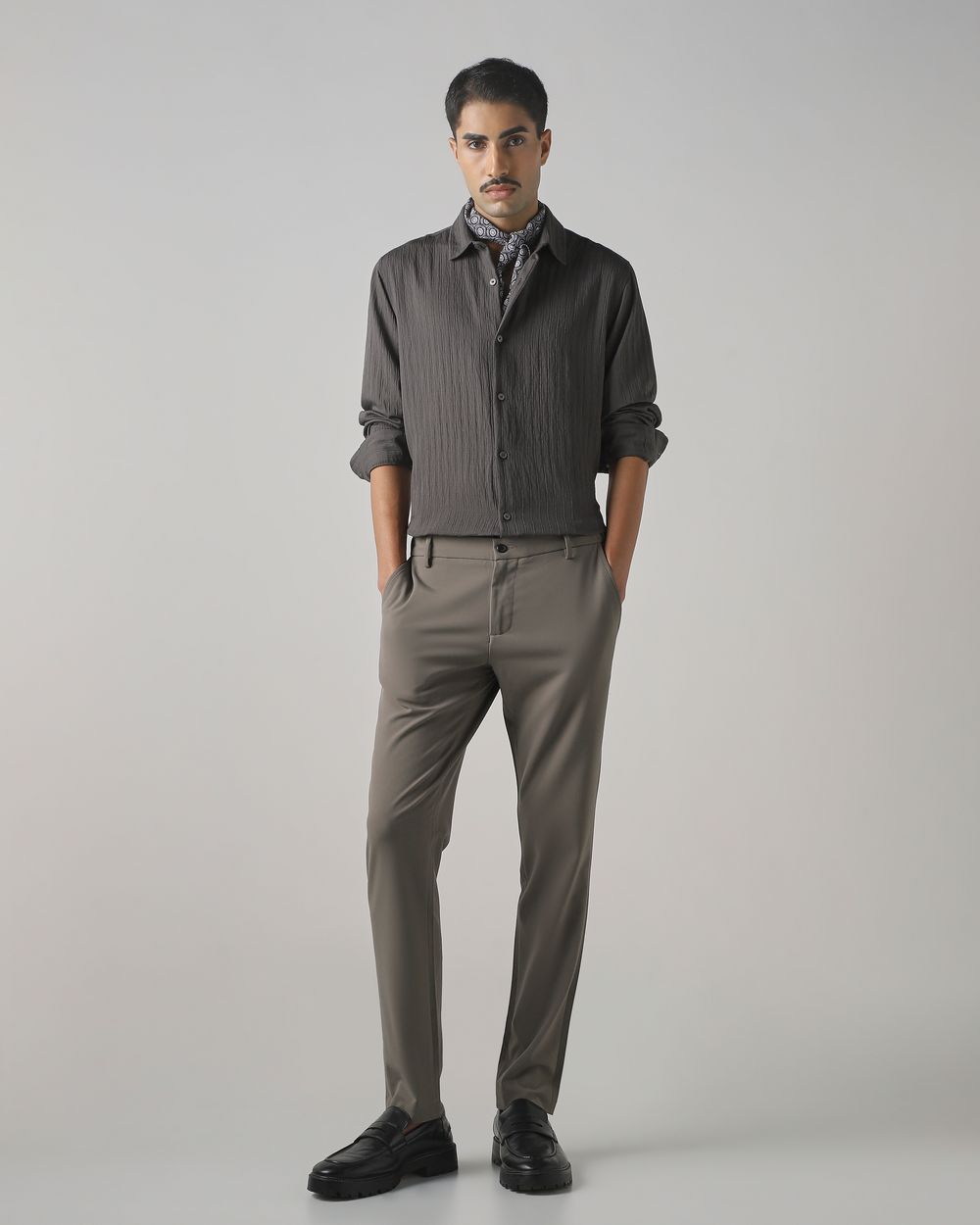Grey Textured Plain Slim Fit Casual Shirt