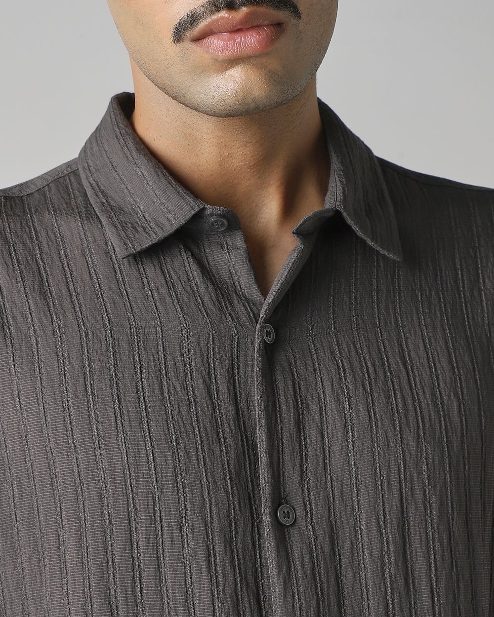 Grey Textured Plain Slim Fit Casual Shirt