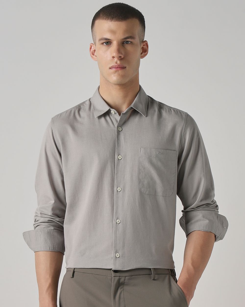 Light Grey Cotton Linen Plain Slim Fit Casual Shirt