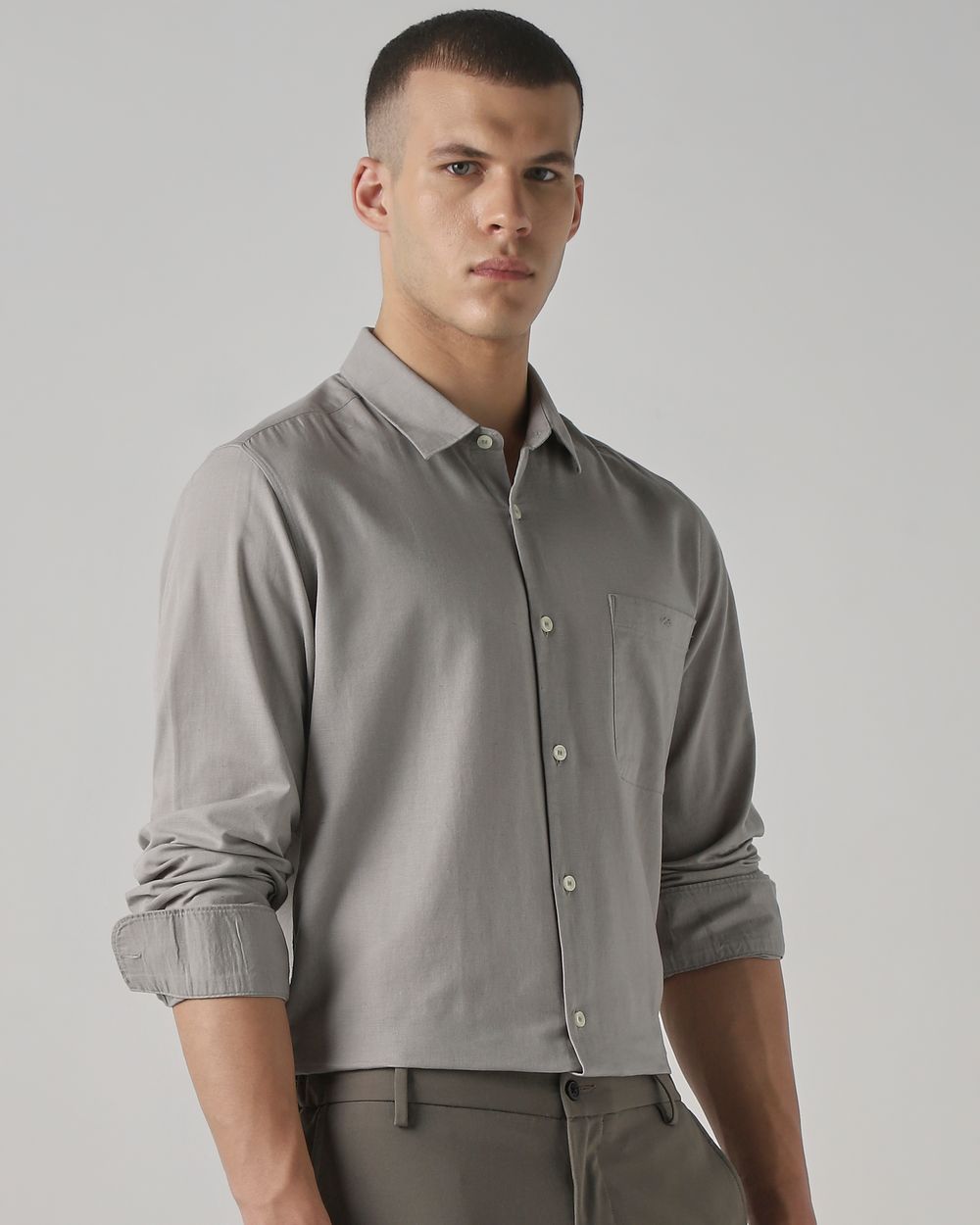Light Grey Cotton Linen Plain Slim Fit Casual Shirt