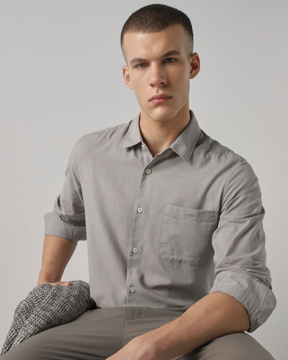 Light Grey Cotton Linen Plain Slim Fit Casual Shirt