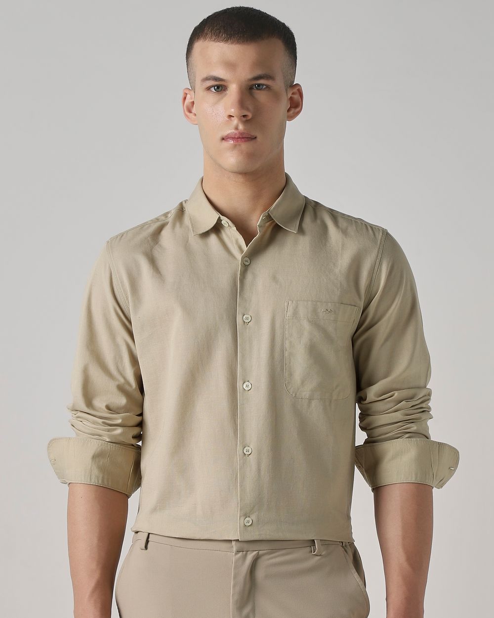 Beige Cotton Linen Plain Slim Fit Casual Shirt