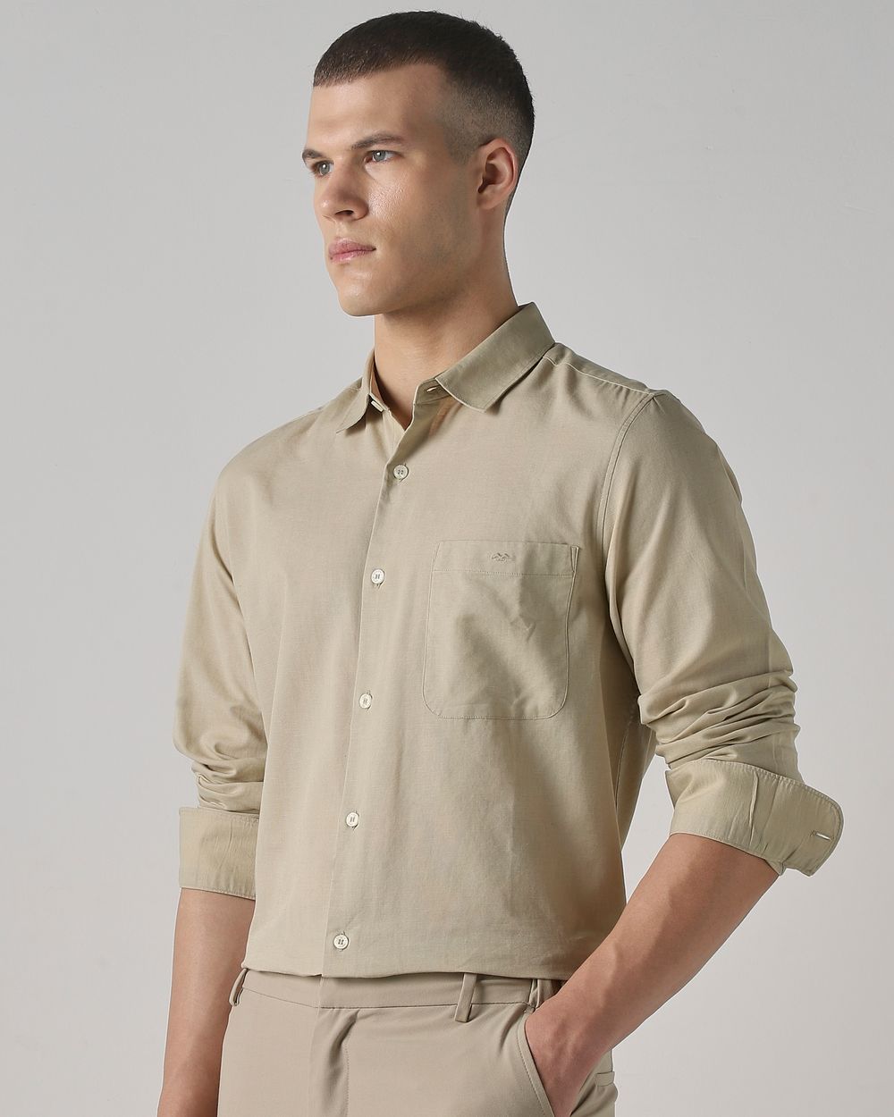 Beige Cotton Linen Plain Slim Fit Casual Shirt