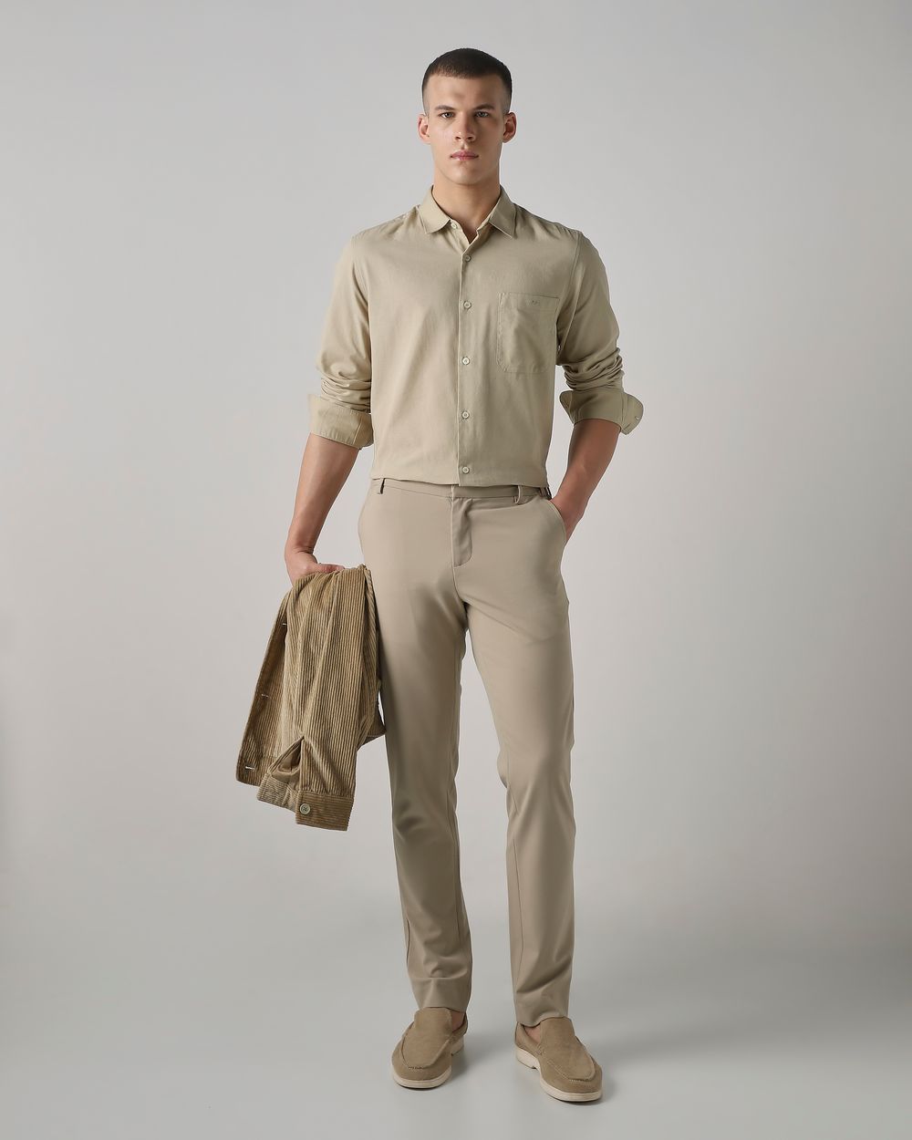 Beige Cotton Linen Plain Slim Fit Casual Shirt