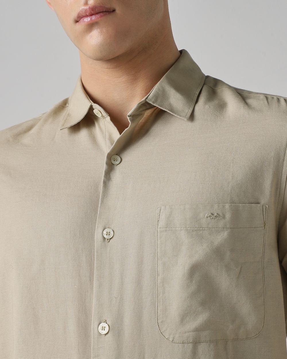 Beige Cotton Linen Plain Slim Fit Casual Shirt