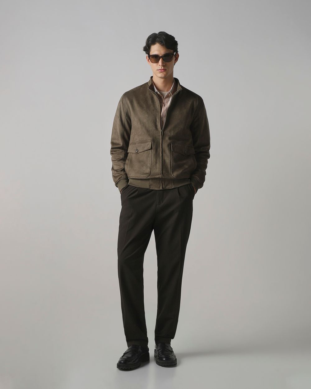 Olive Suede Bomber Slim Fit Jacket