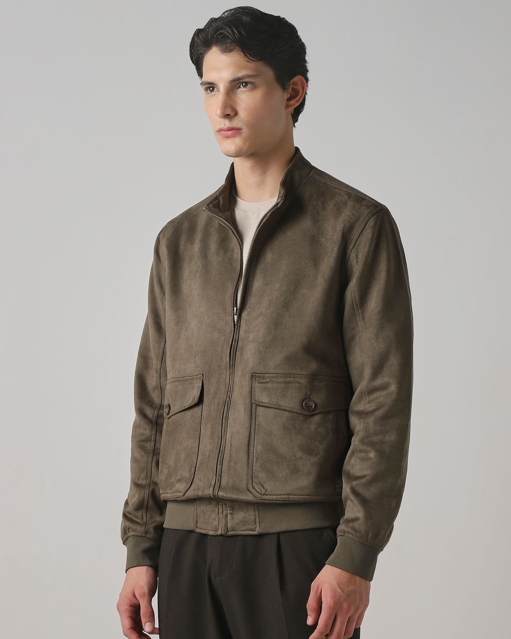 Olive Suede Bomber Slim Fit Jacket