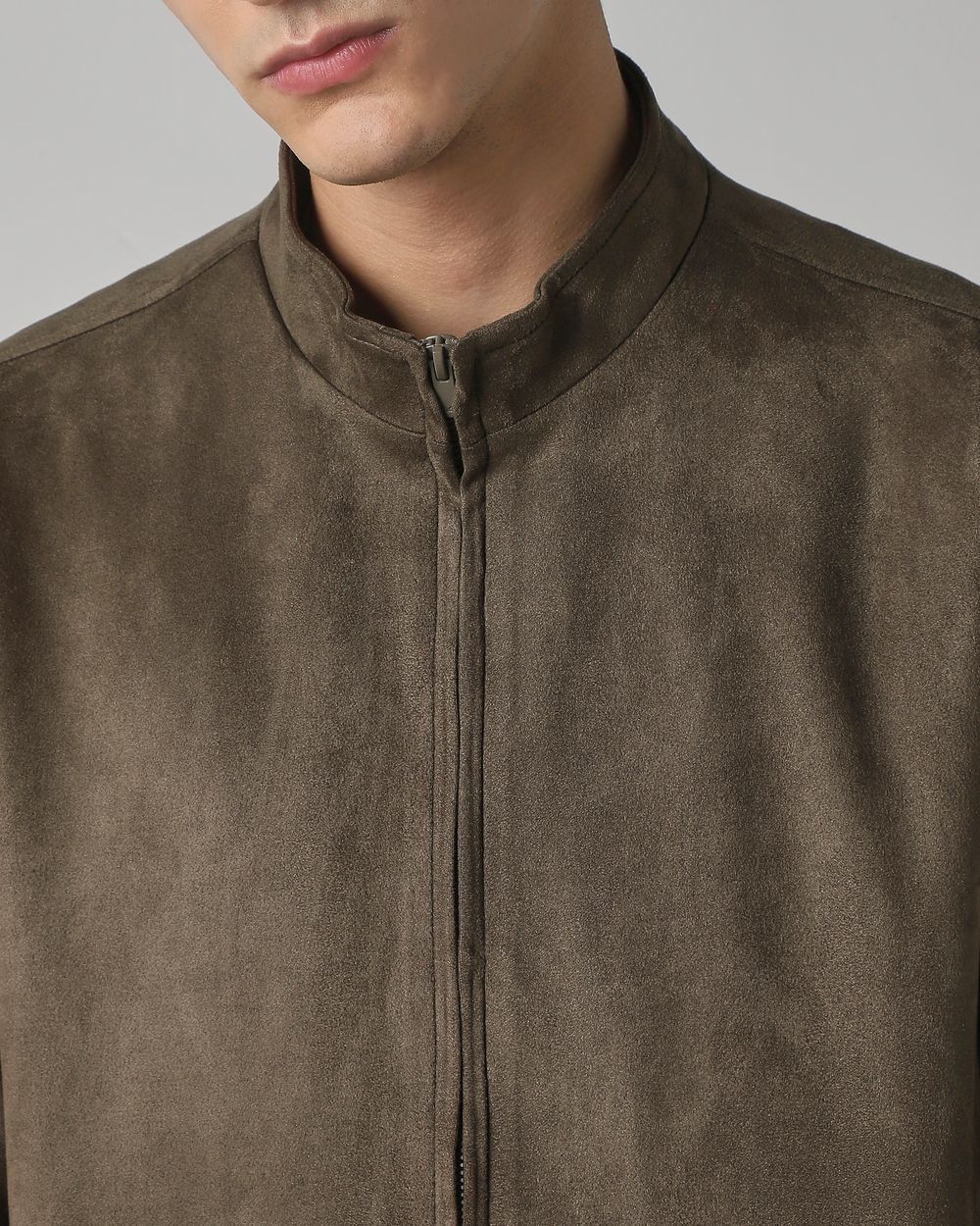 Olive Suede Bomber Slim Fit Jacket