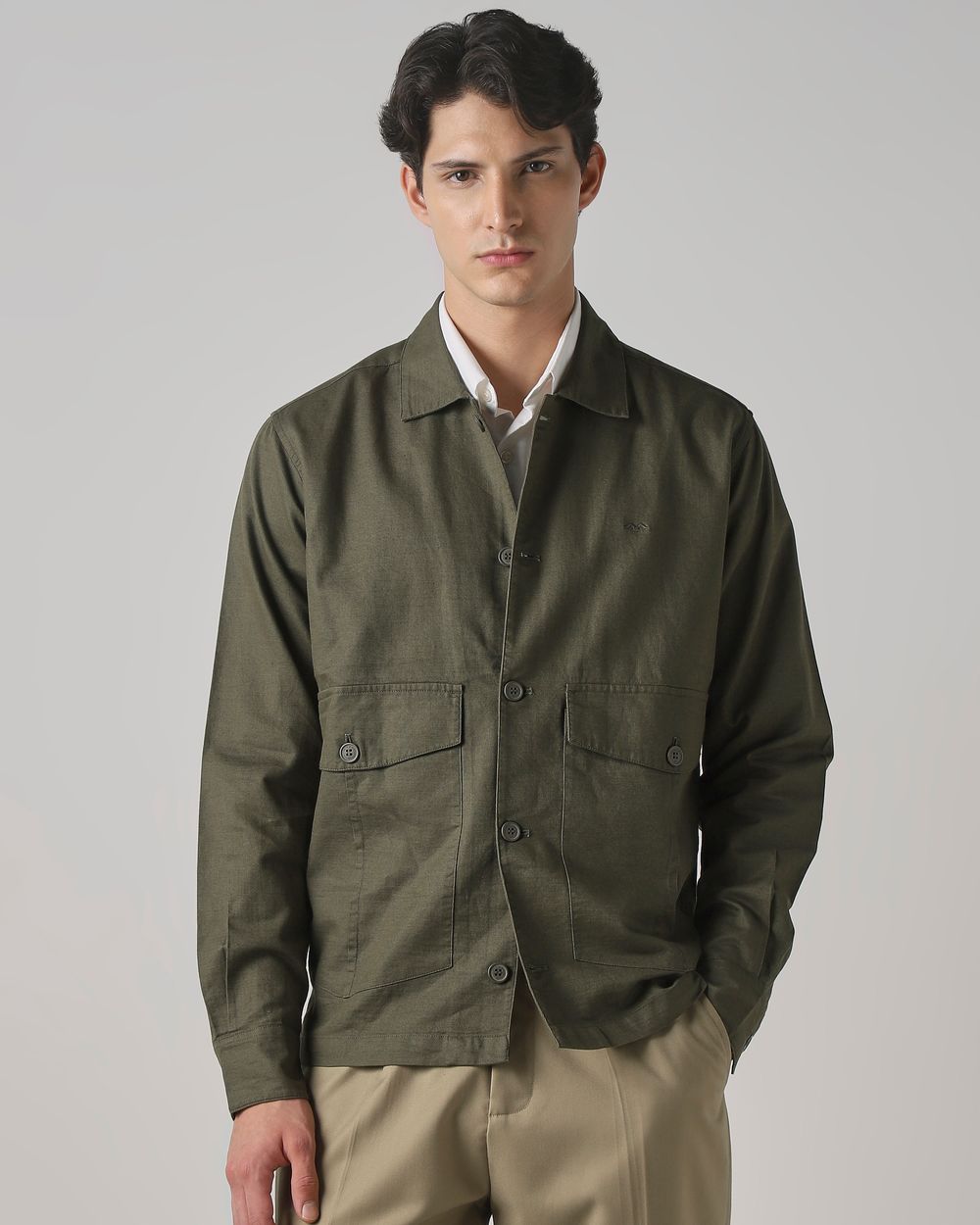 Olive Solid Button Down Relaxed fit Jacket