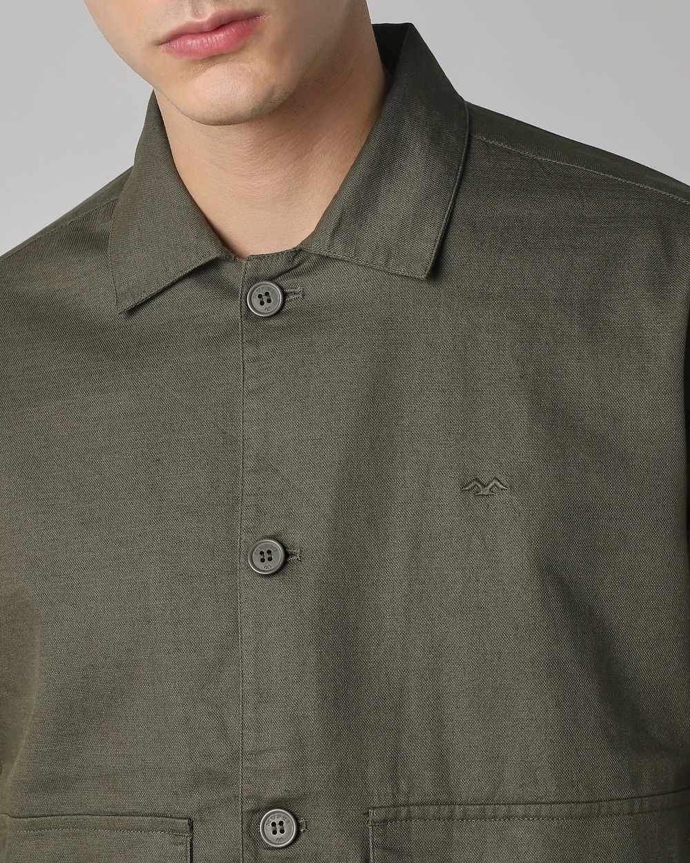 Olive Solid Button Down Relaxed fit Jacket
