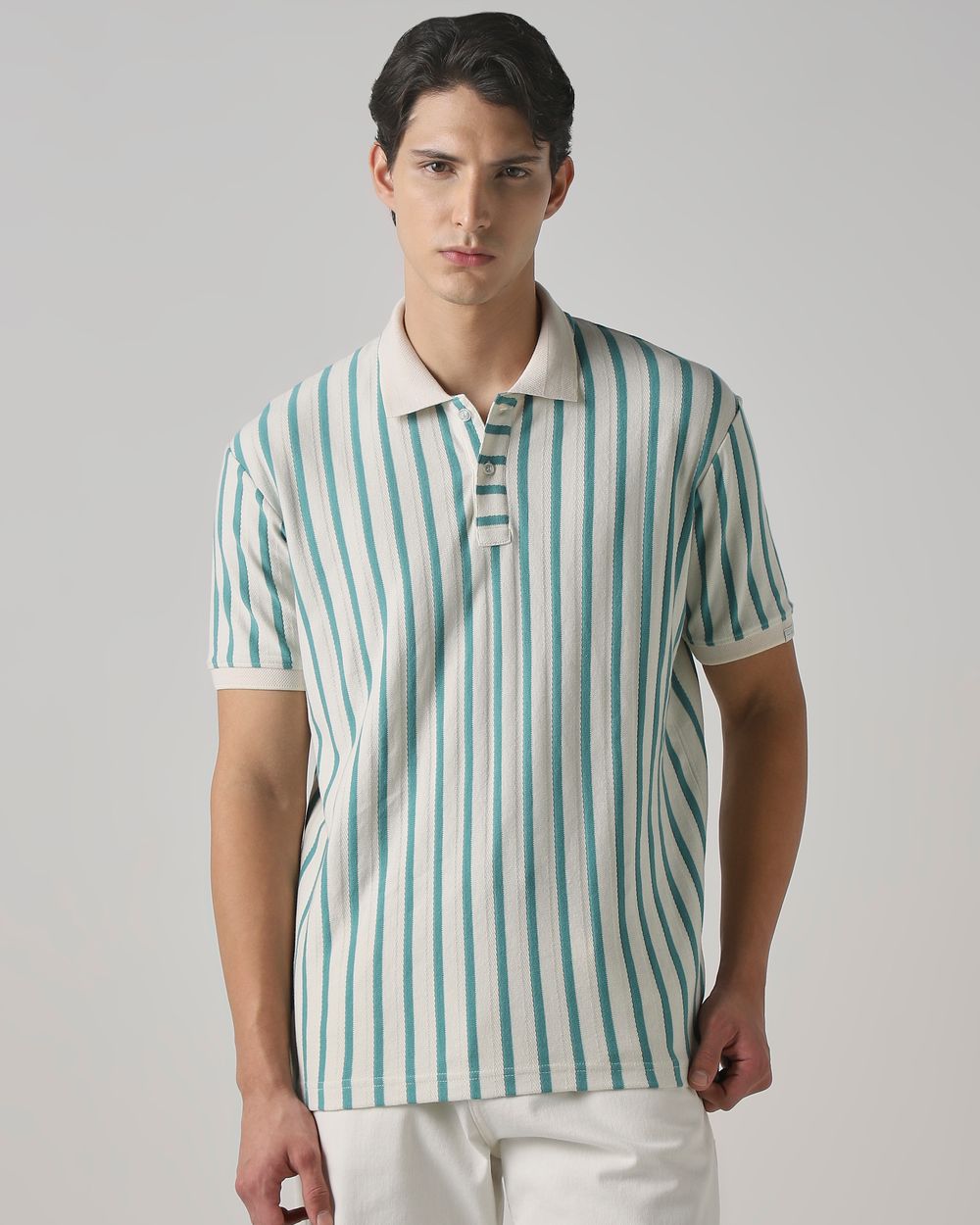 Teal Textured Stripe Regular Fit T-Shirt