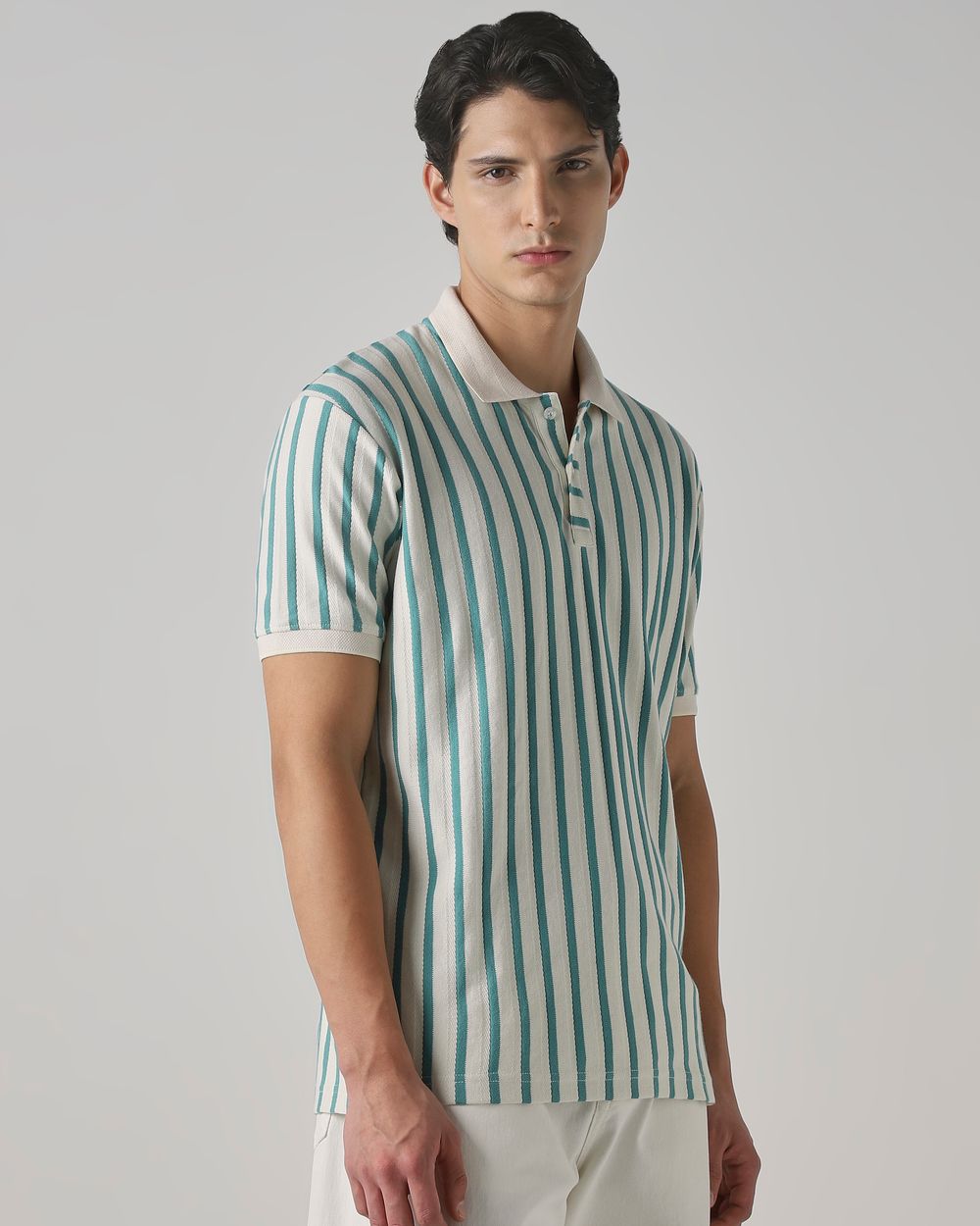 Teal Textured Stripe Regular Fit T-Shirt