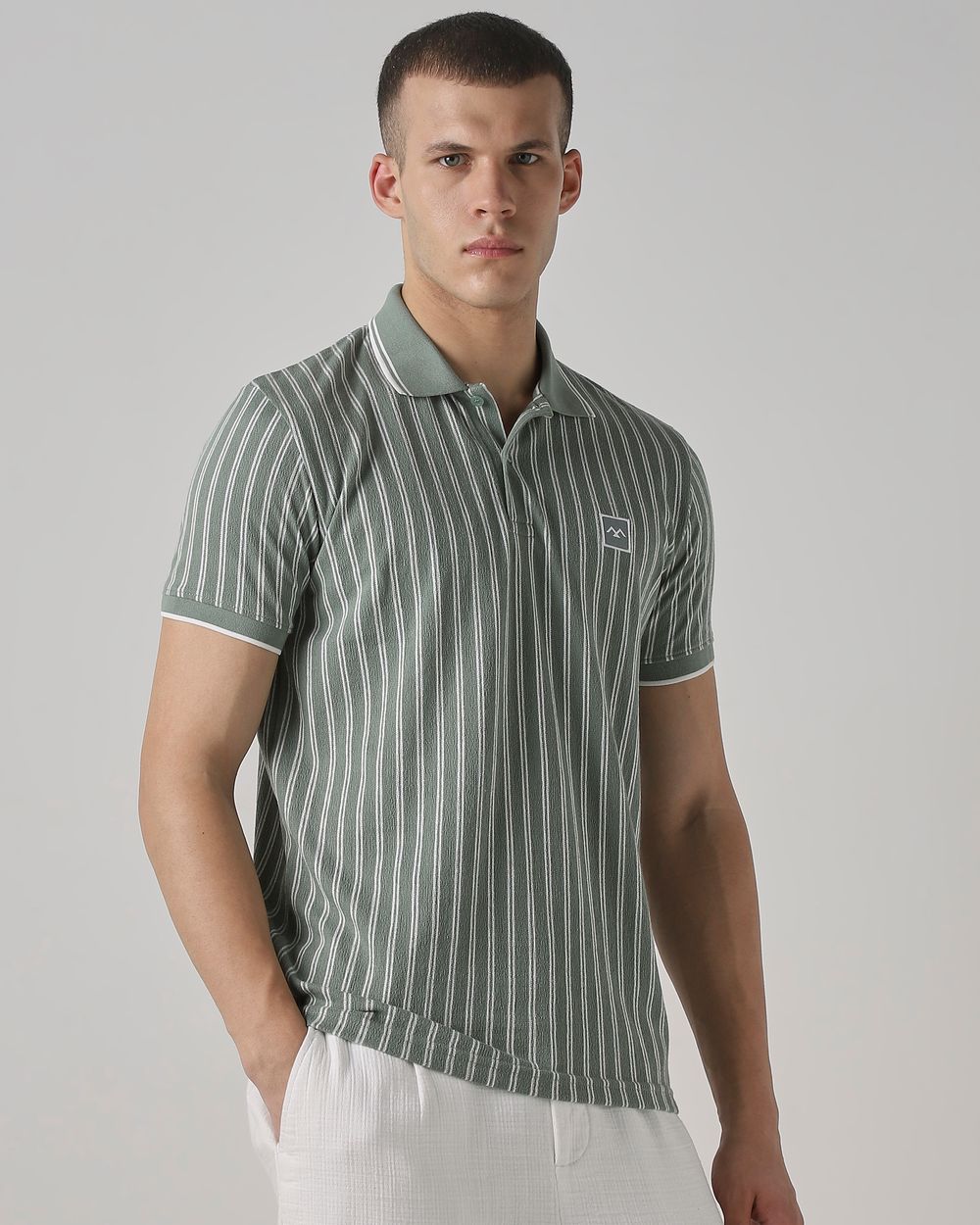 Sage Terry-Towel Stripe Slim Fit T-Shirt