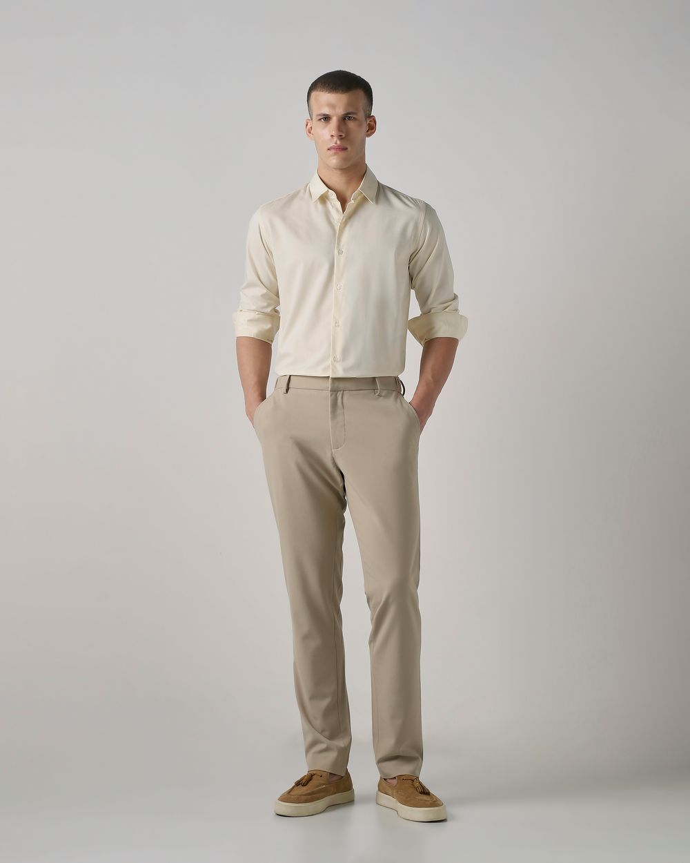 Beige Stretch Plain Slim Fit Casual Shirt