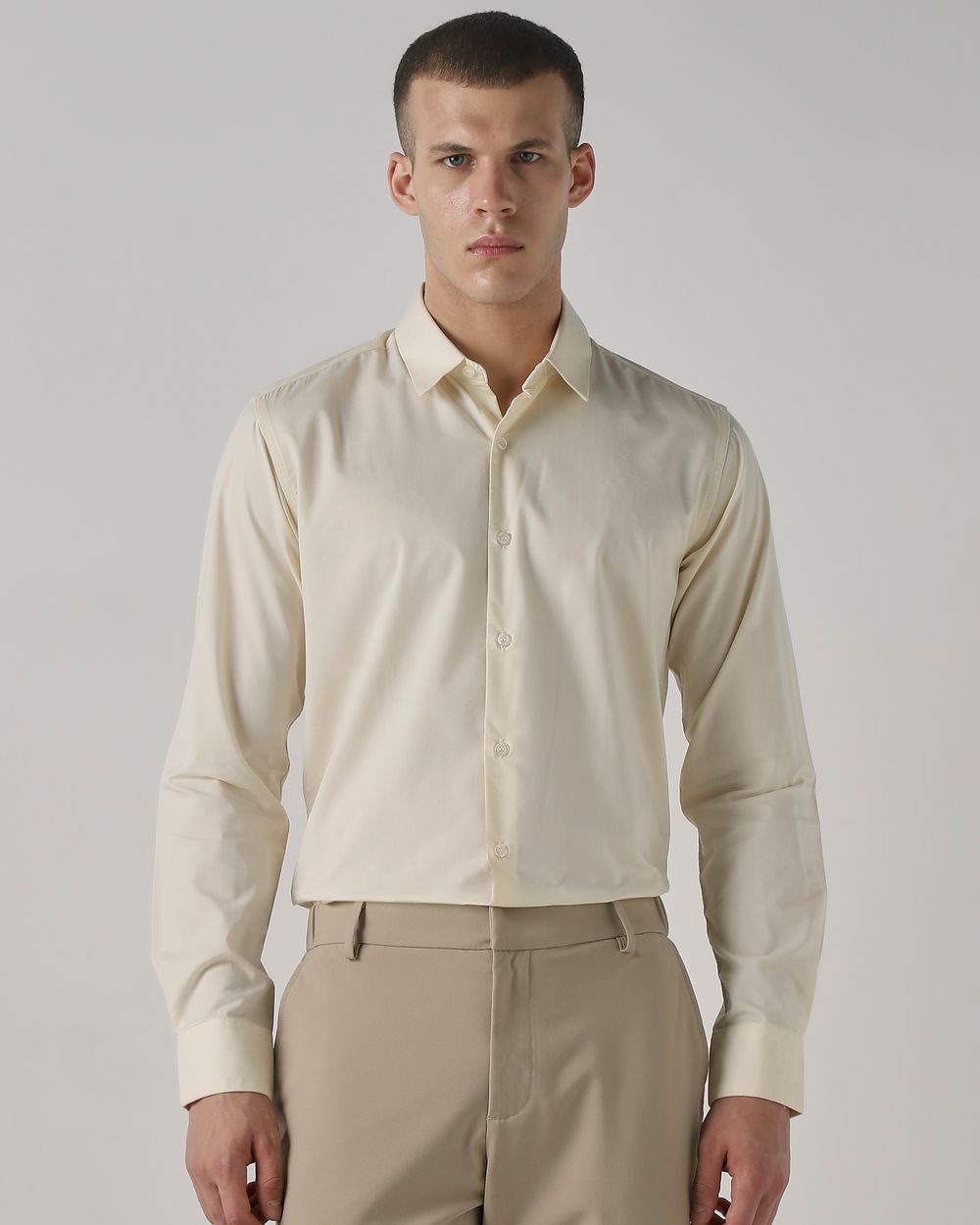 Beige Stretch Plain Slim Fit Casual Shirt