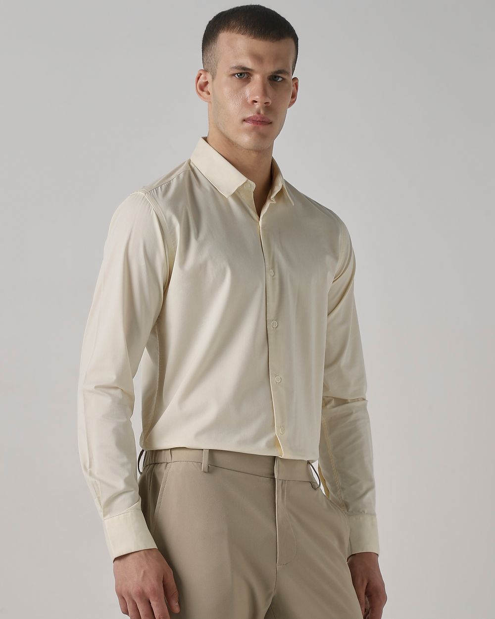 Beige Stretch Plain Slim Fit Casual Shirt