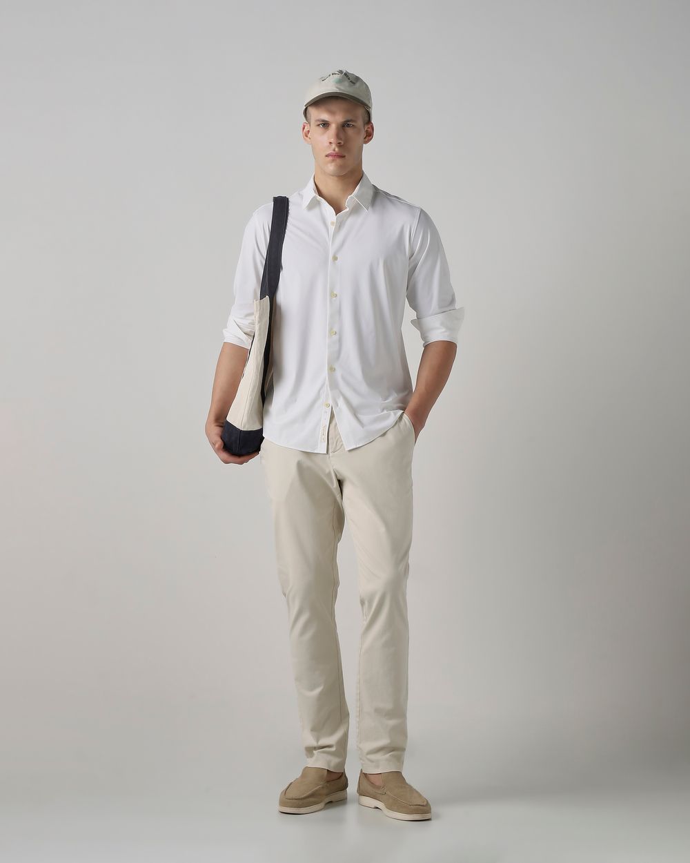 White Stretch Plain Slim Fit Casual Shirt