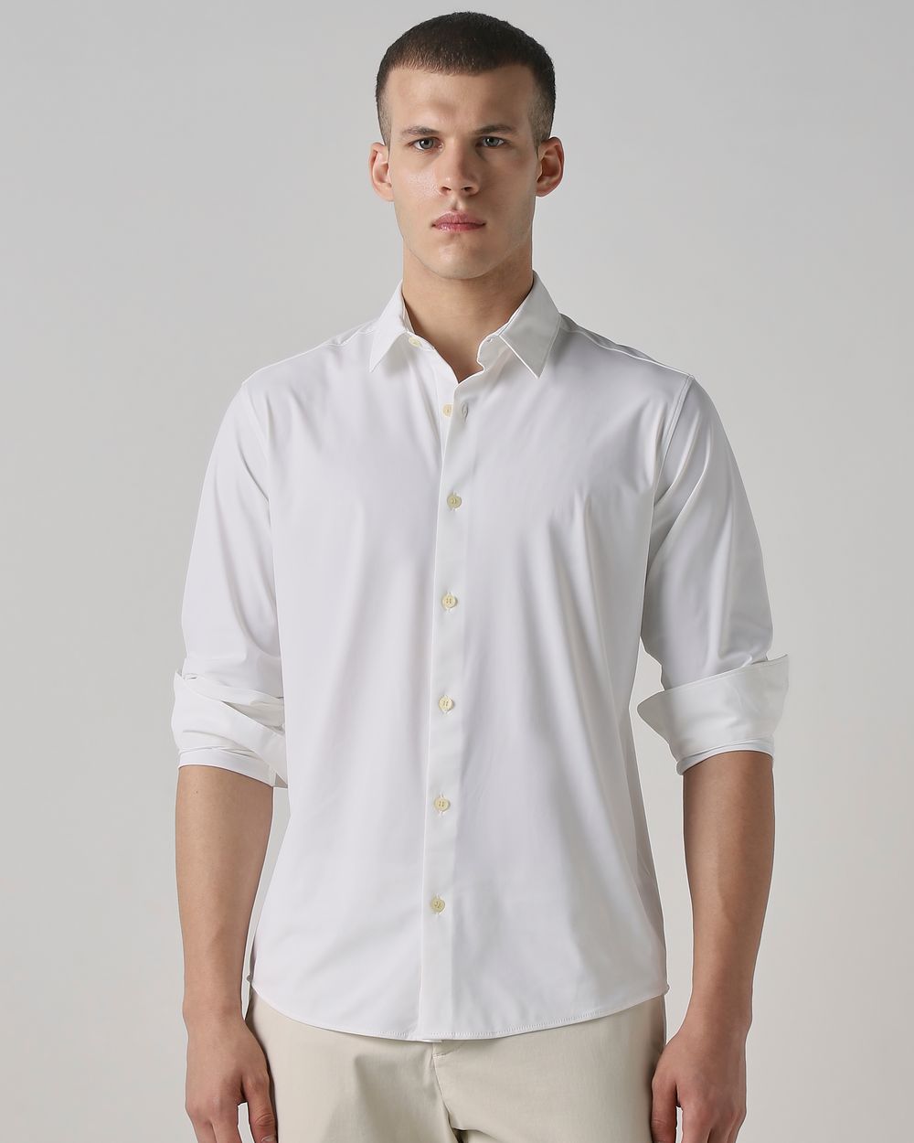 White Stretch Plain Slim Fit Casual Shirt