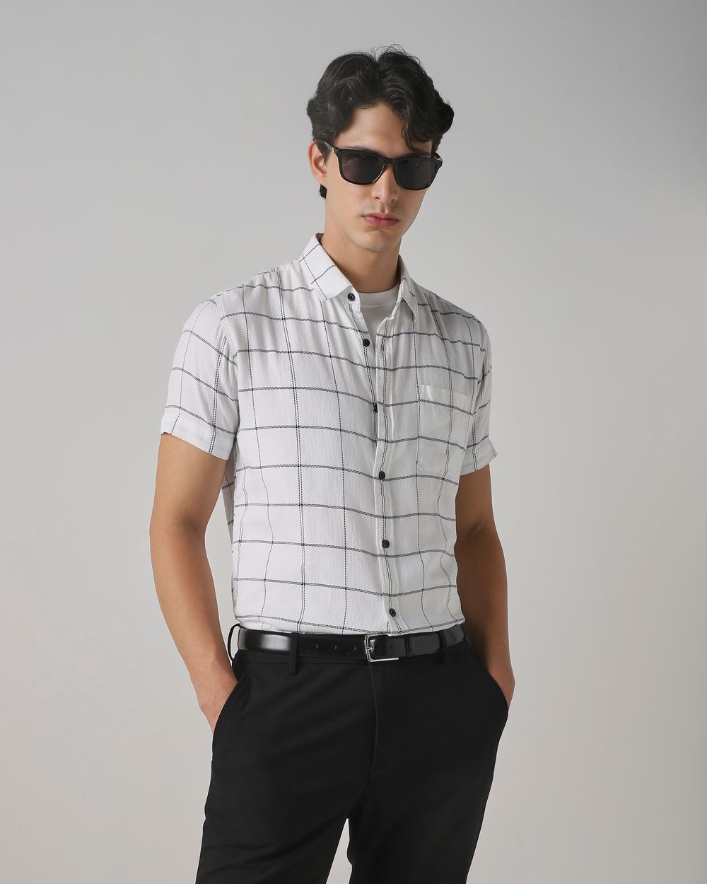 White Windowpane Check Slim Fit Casual Shirt