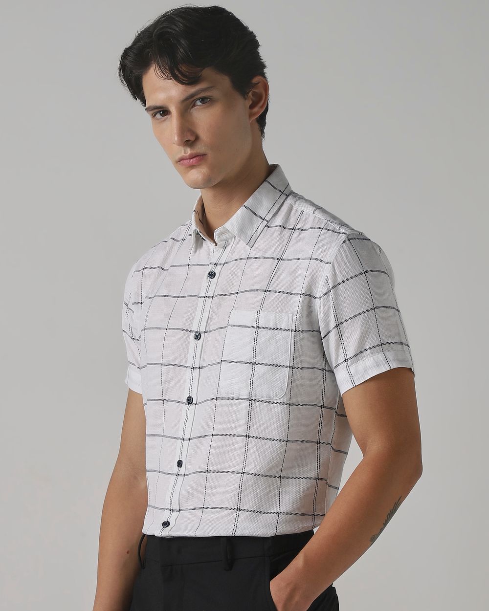 White Windowpane Check Slim Fit Casual Shirt