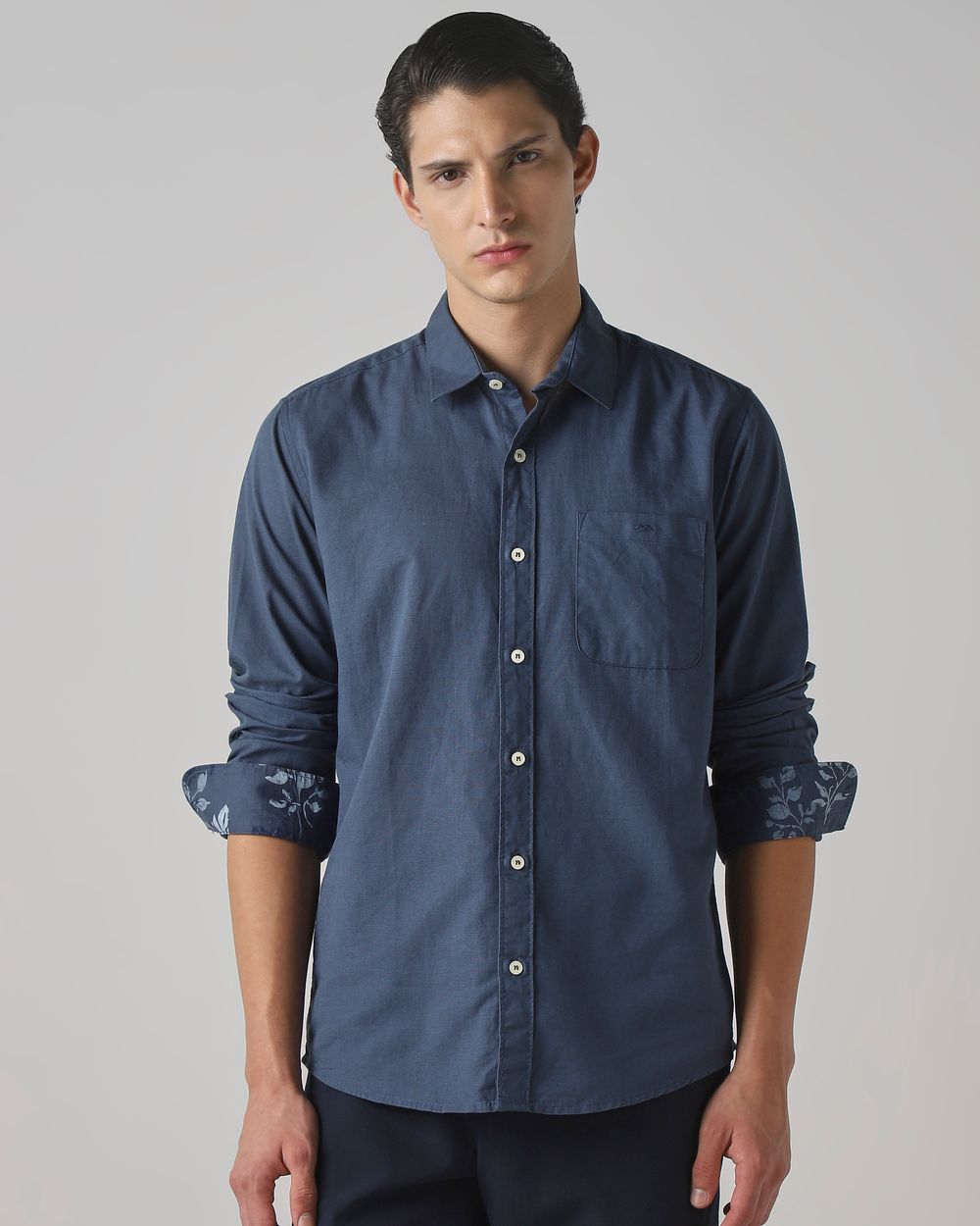 Blue Grey Cotton Linen Plain Slim Fit Casual Shirt