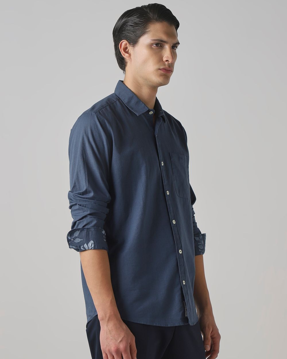 Blue Grey Cotton Linen Plain Slim Fit Casual Shirt