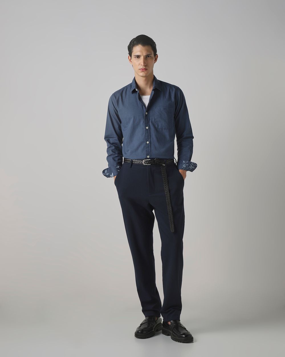 Blue Grey Cotton Linen Plain Slim Fit Casual Shirt