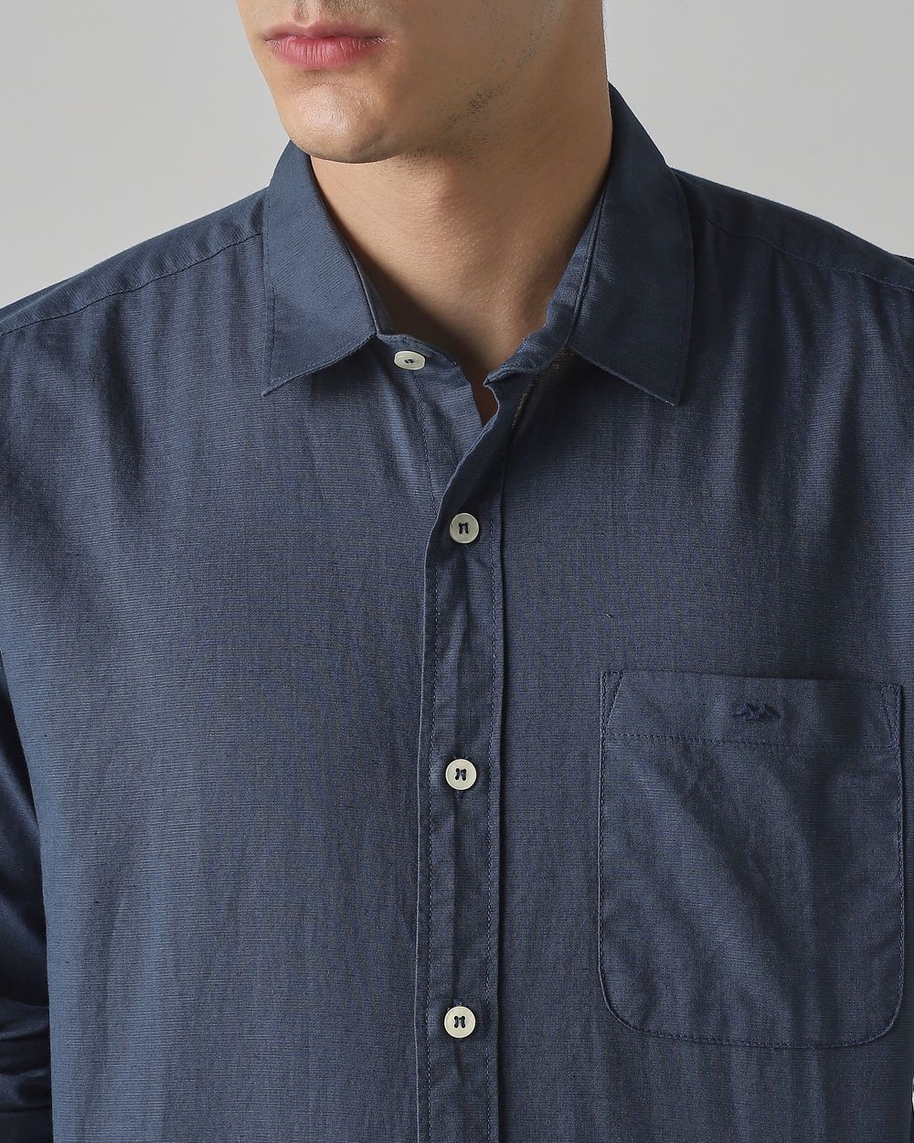 Blue Grey Cotton Linen Plain Slim Fit Casual Shirt