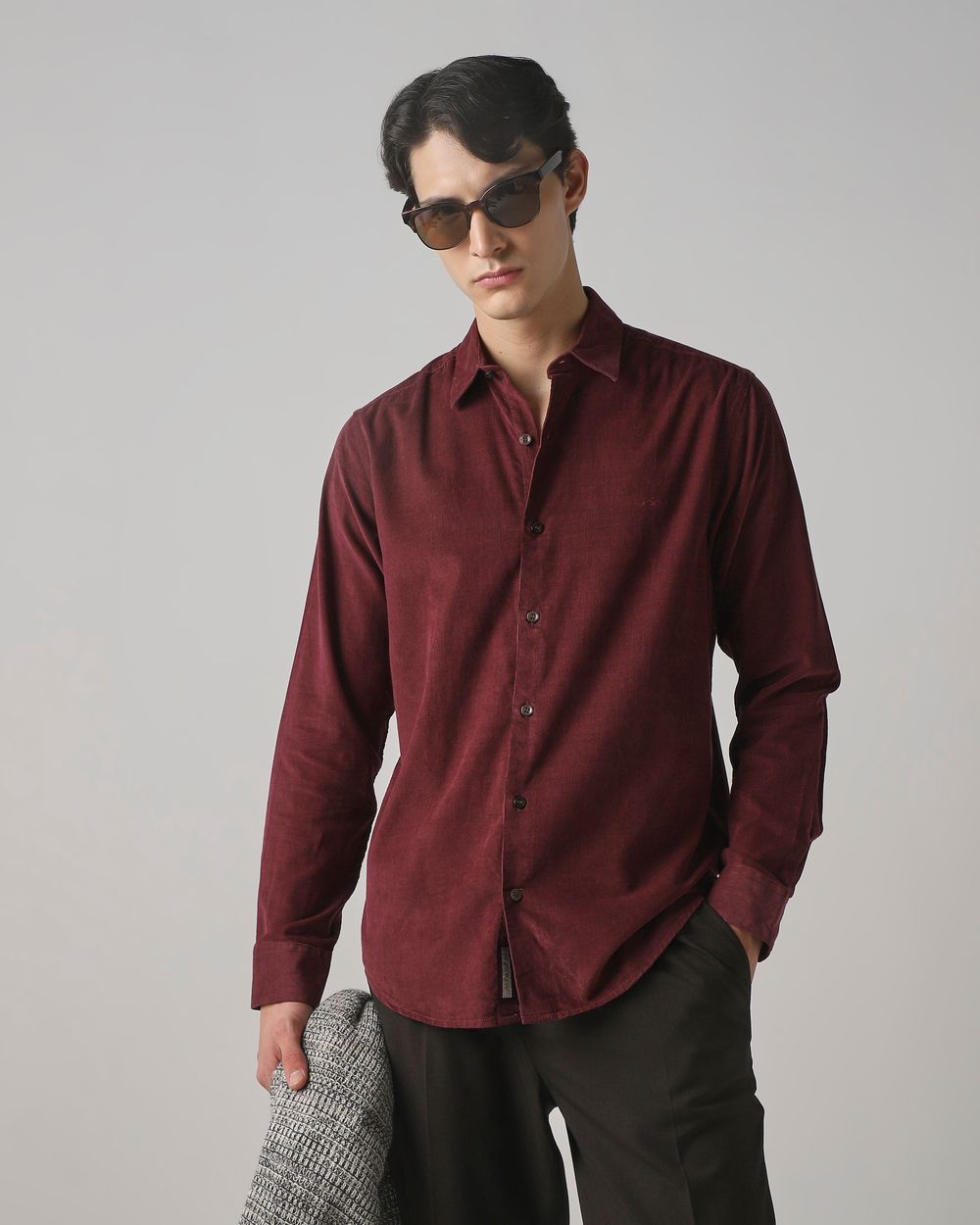 Plum Corduroy Plain Slim Fit Casual Shirt