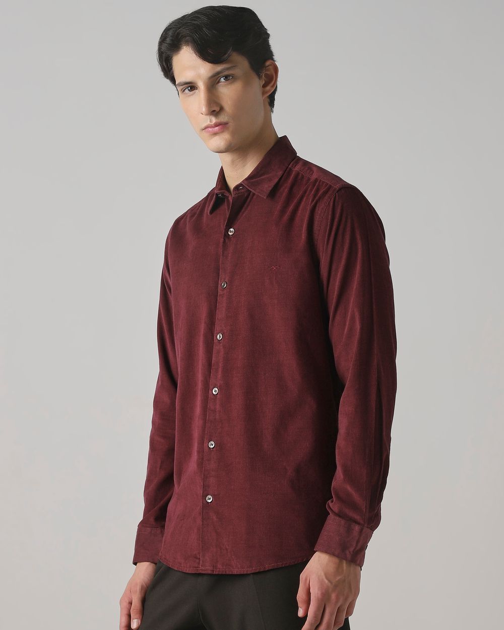 Plum Corduroy Plain Slim Fit Casual Shirt