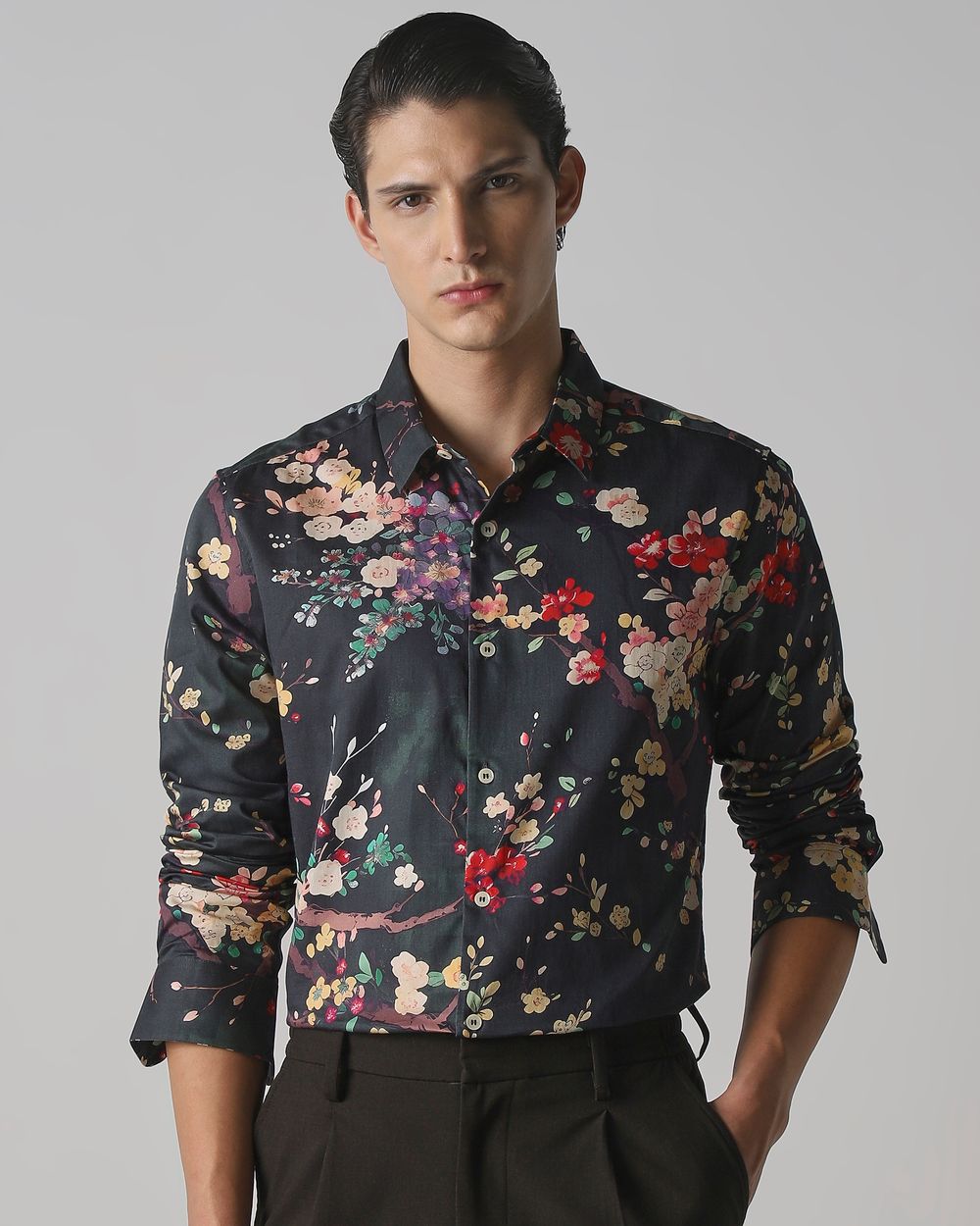 Dark Green Floral Print Slim Fit Casual Shirt