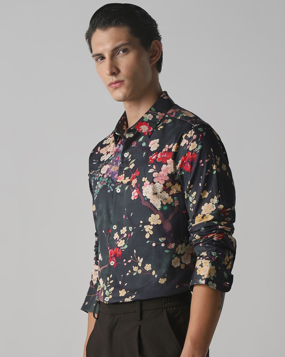 Dark Green Floral Print Slim Fit Casual Shirt