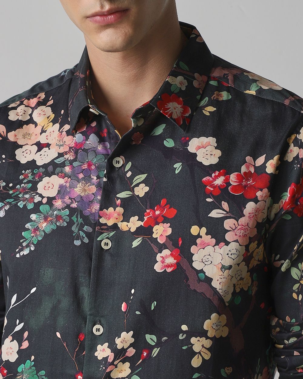 Dark Green Floral Print Slim Fit Casual Shirt