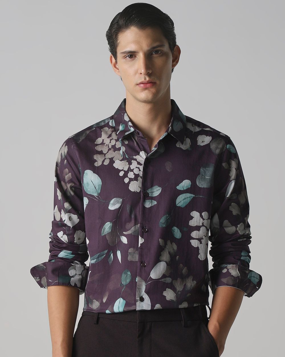Maroon Floral Print Slim Fit Casual Shirt