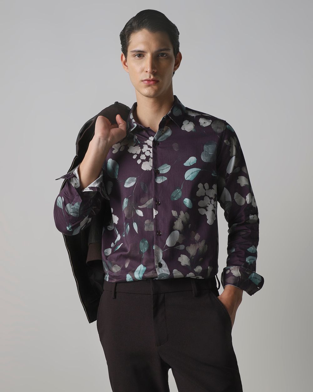 Maroon Floral Print Slim Fit Casual Shirt