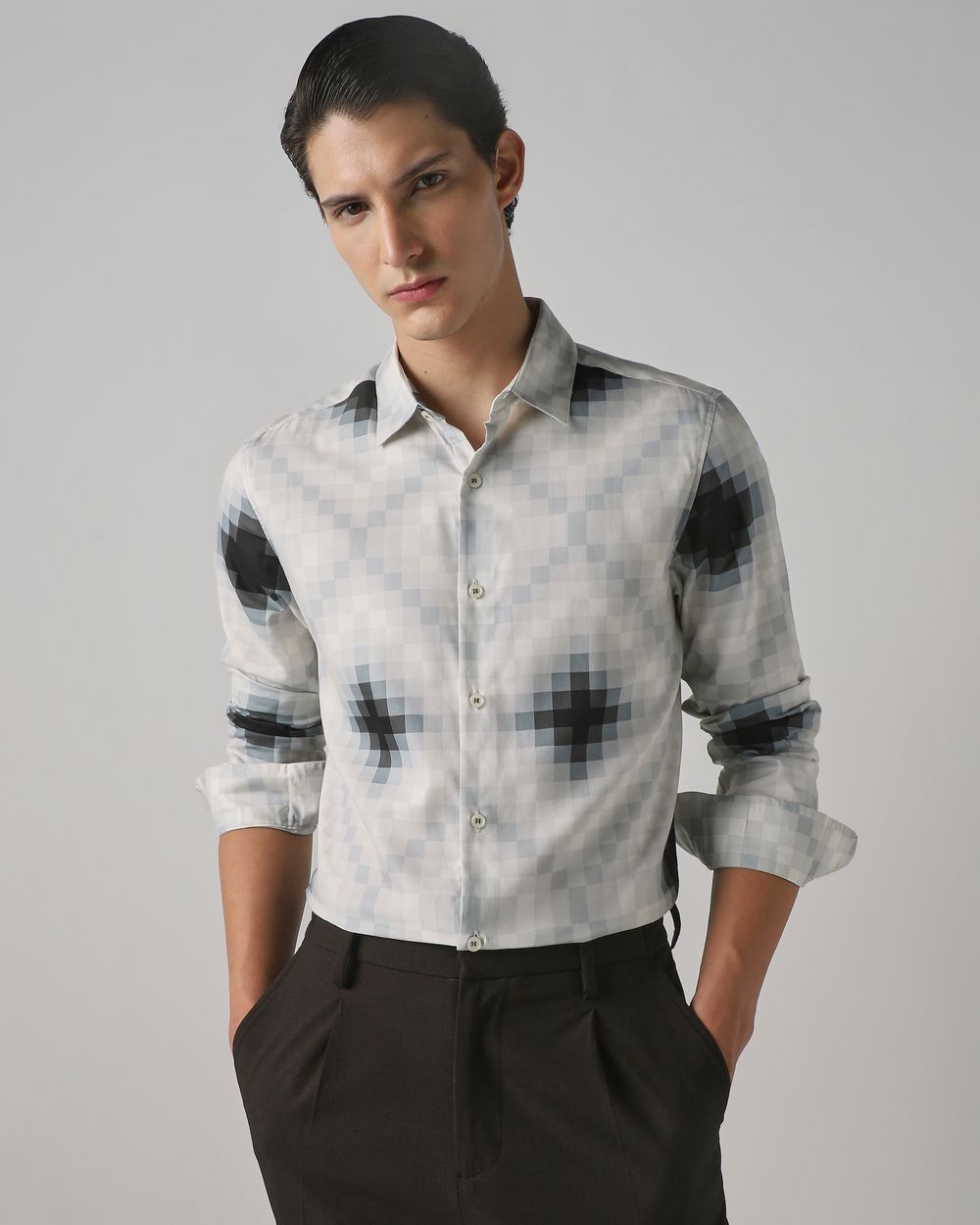 Light Grey Geometric Print Slim Fit Casual Shirt