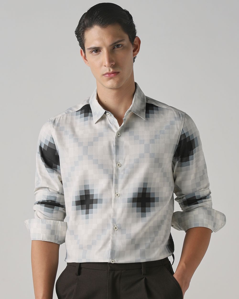 Light Grey Geometric Print Slim Fit Casual Shirt
