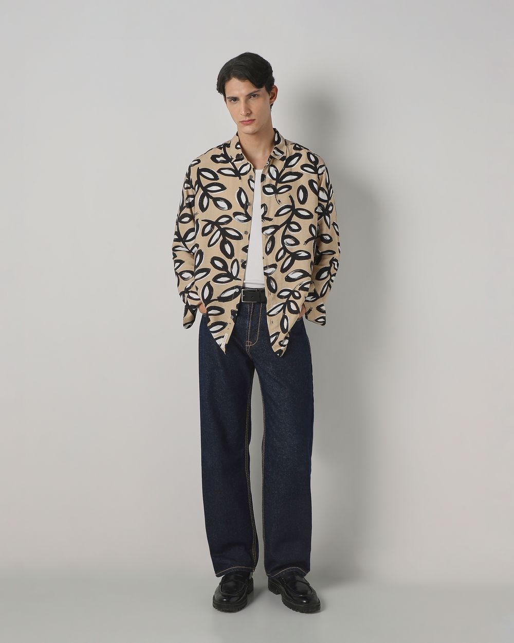 Light Khaki Leaf Print Slim Fit Casual Shirt