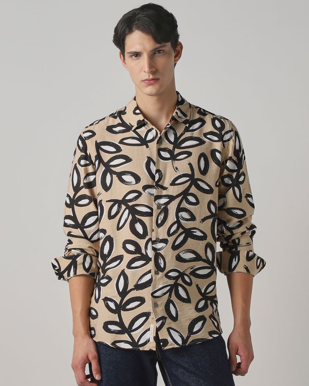 Light Khaki Leaf Print Slim Fit Casual Shirt